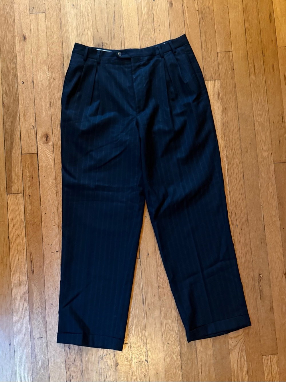 Black Pinstripe Pleated Dress Pants